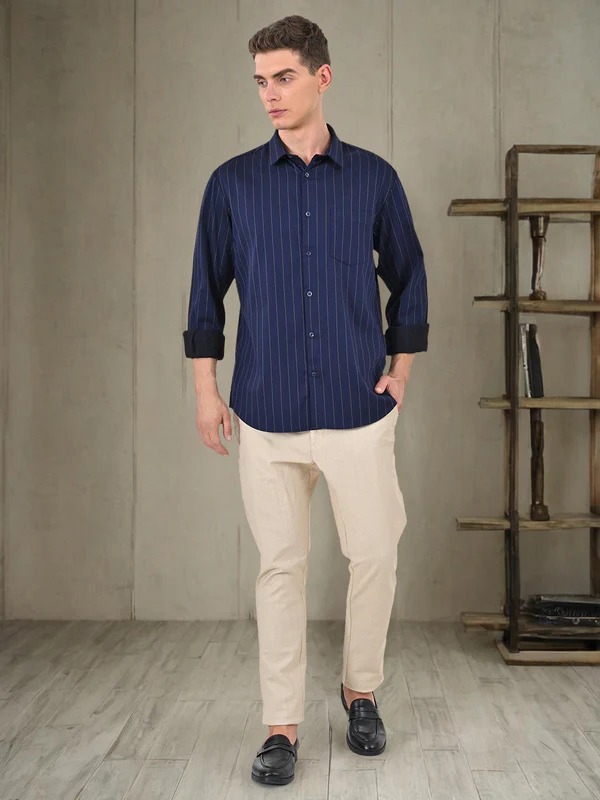 Indian Terrain Men's Regular Fit Full Sleeve Striped Navy Shirt